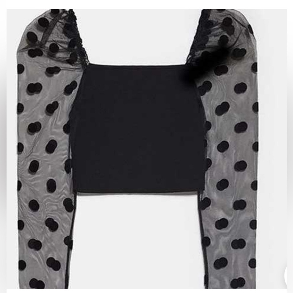 NWT BLACK POLKA DOT SHEER SLEEVE CROP TOP